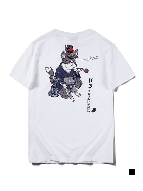 日系煙斗貓印花短袖T恤