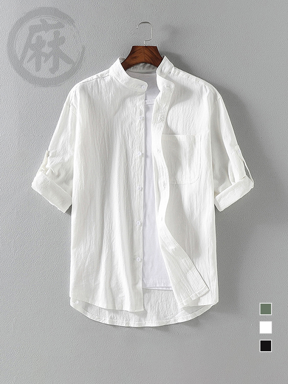 棉麻透氣立領五分袖襯衫 - 白