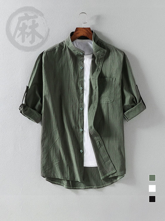 亞麻透氣立領五分袖襯衫 - 軍綠