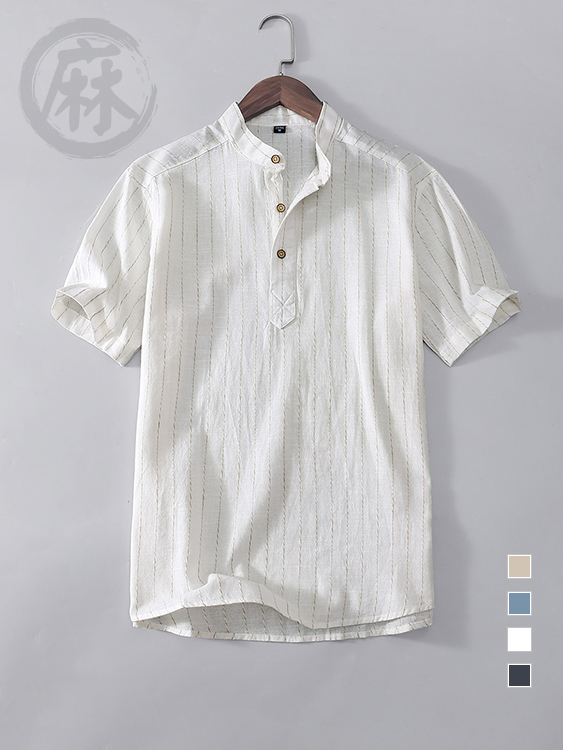 日系條紋 立領棉麻薄款短袖襯衫 - 米白