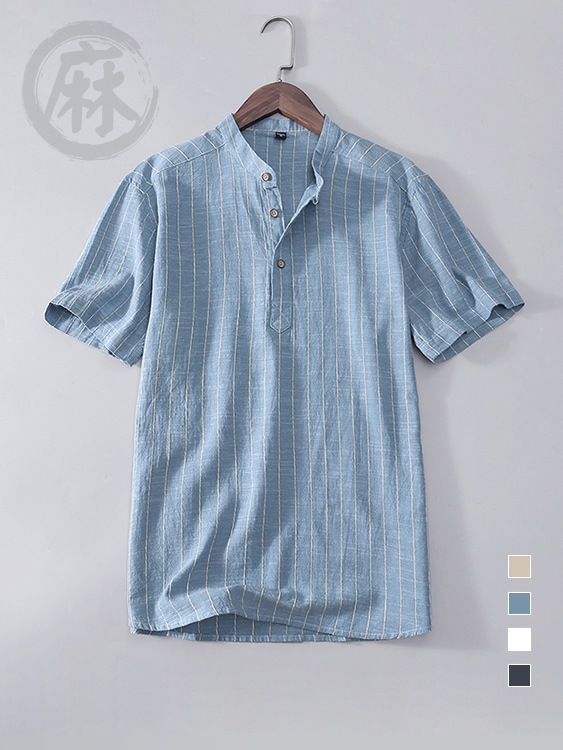 日系條紋 立領棉麻薄款短袖襯衫 - 淺藍