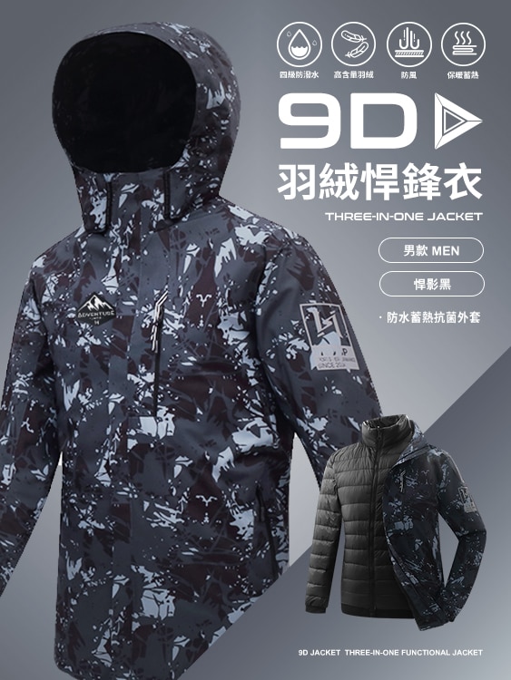 9D悍鋒衣 專利抗菌羽絨三穿 防水 蓄熱 頂級機能外套 - 男-悍影黑
