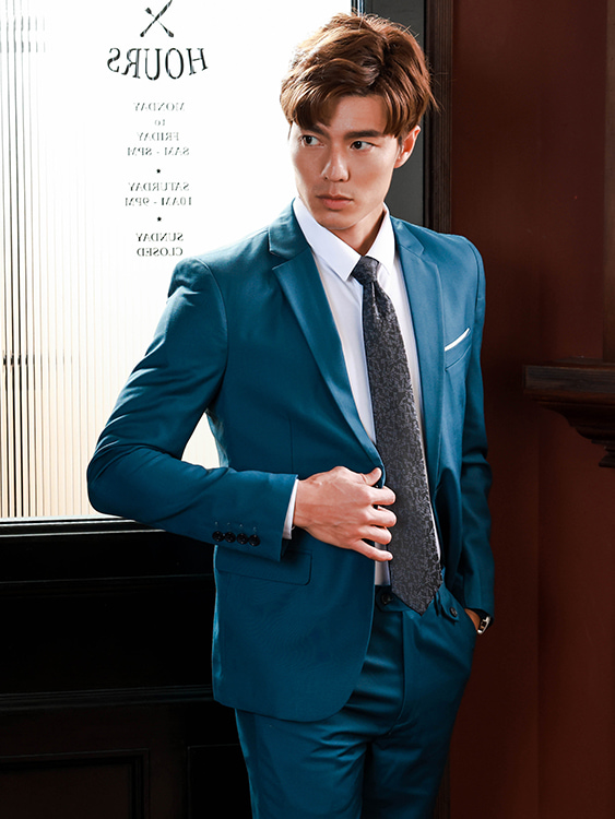 紳士穿搭單品．單釦領巾設計西裝外套 - 海藍