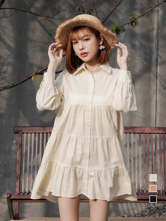 日系蛋糕裙襬棉麻長袖洋裝