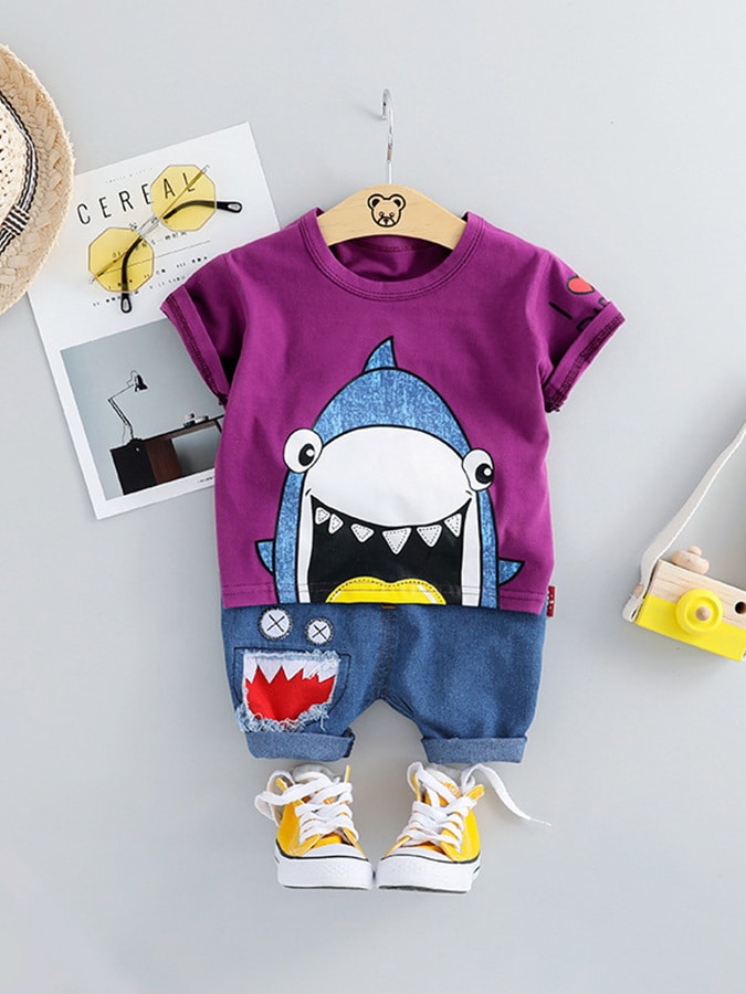 套裝．BabyShark短袖鯊魚T恤牛仔褲．童裝,,,Y1040011,套裝．BabyShark短袖鯊魚T恤牛仔褲．童裝,