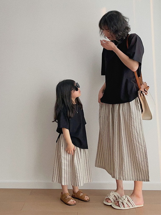 親子裝．日系女童條紋寬鬆九分褲．童裝
