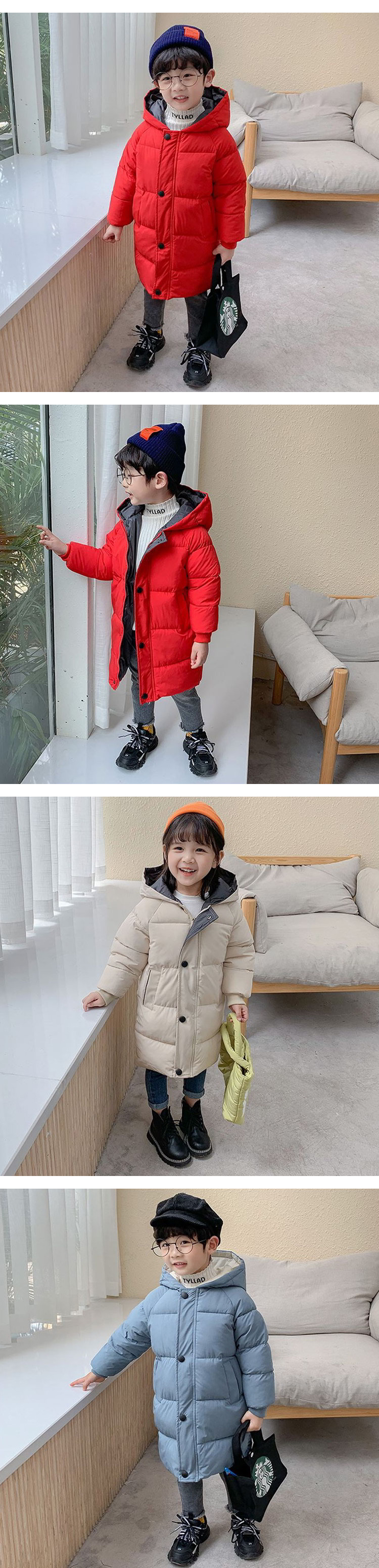 韓版兒童加厚防風中長款連帽外套．童裝